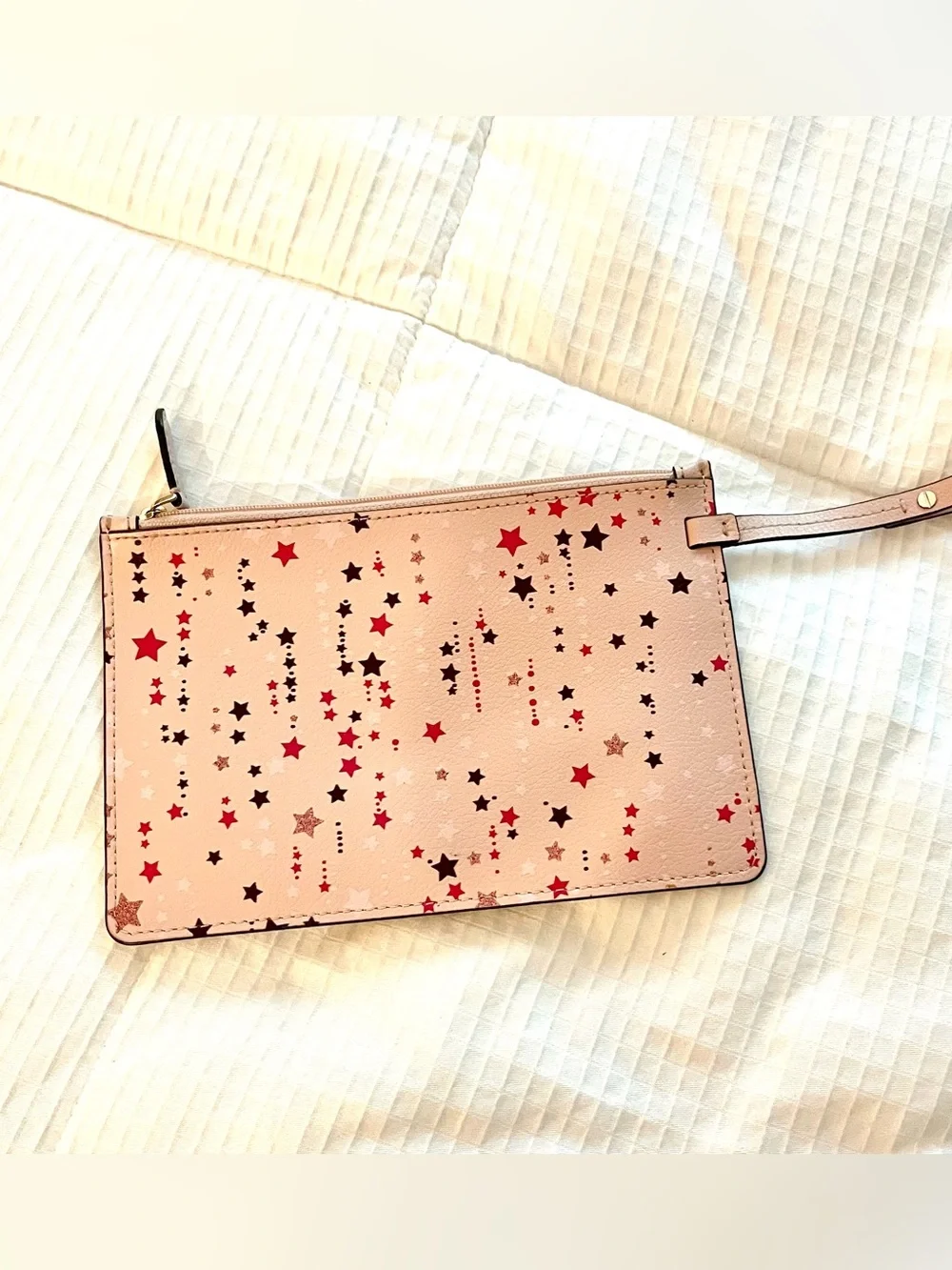 New Kate Spade Staci Twinkle Stars Pink Sam Browne Stud Strap Zipper Pouch